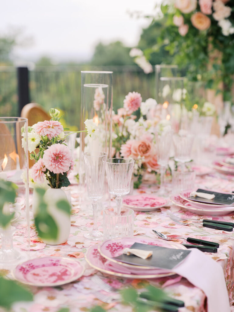 Romantic pink wedding tablescape with lush florals by Truth & Blooms at Villa Antonia, photographed by Kelsey Applebaum