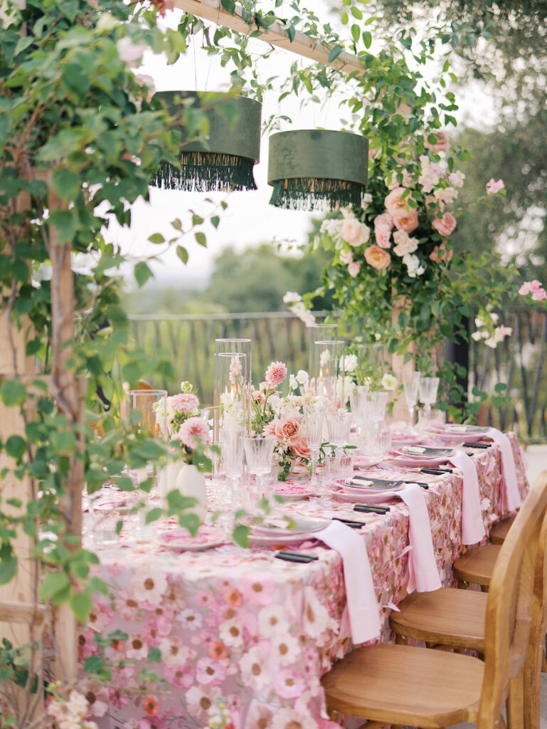 Romantic pink wedding tablescape with lush florals by Truth & Blooms at Villa Antonia, photographed by Kelsey Applebaum