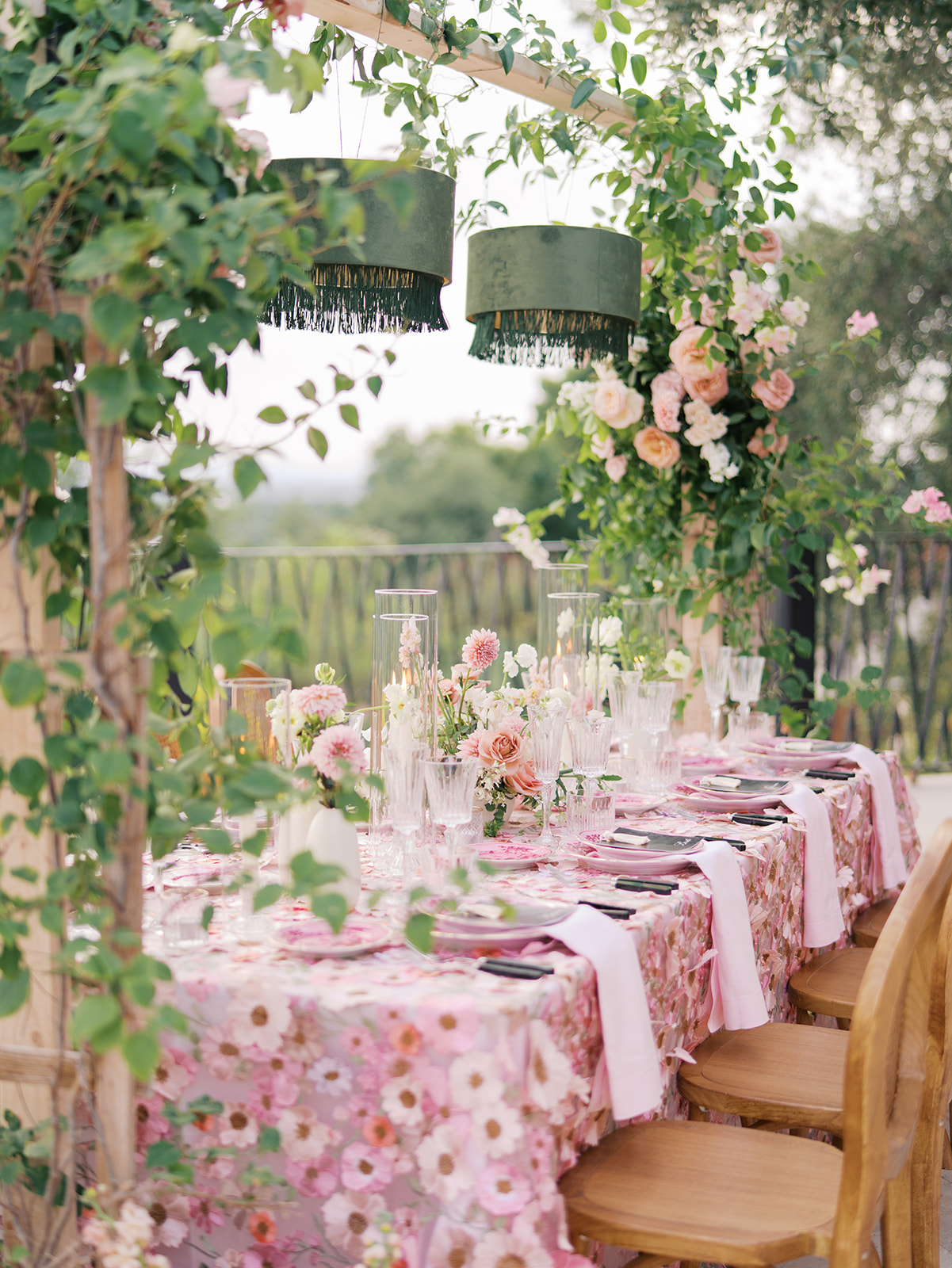Romantic pink wedding tablescape with lush florals by Truth & Blooms at Villa Antonia, photographed by Kelsey Applebaum