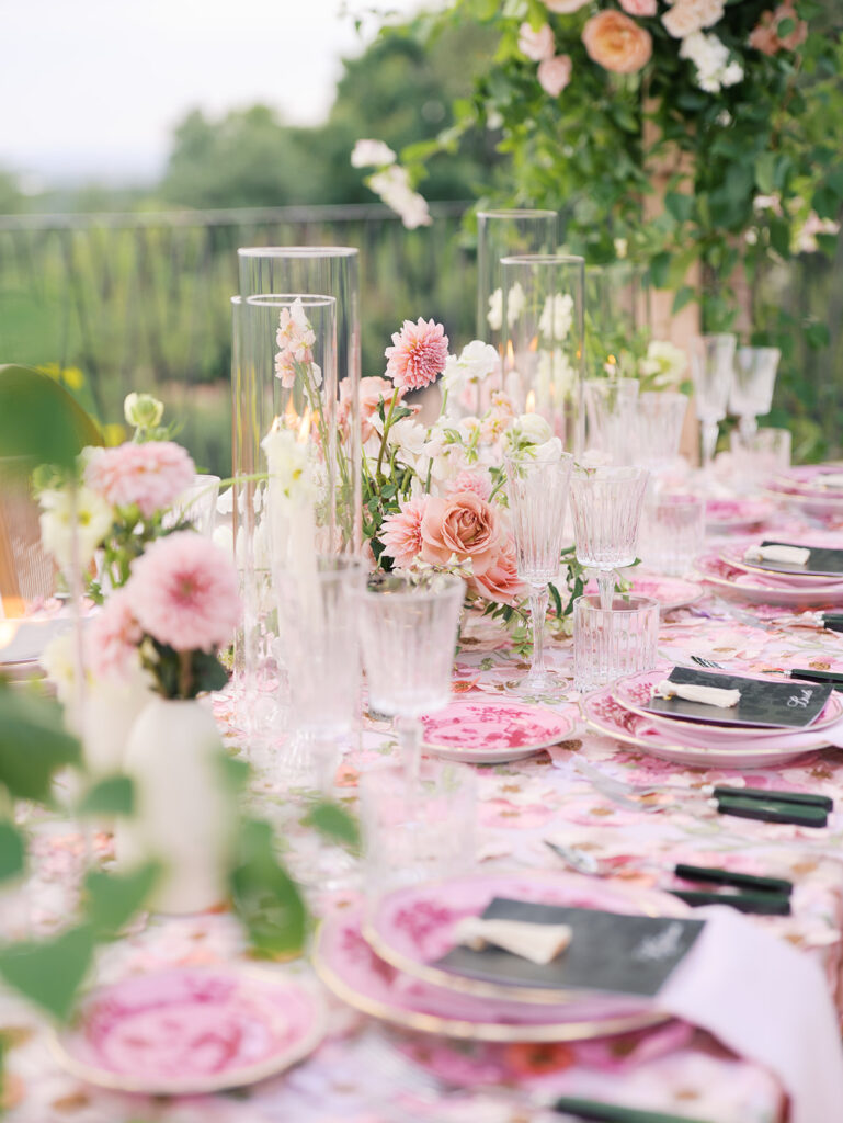 Romantic pink wedding tablescape with lush florals by Truth & Blooms at Villa Antonia, photographed by Kelsey Applebaum