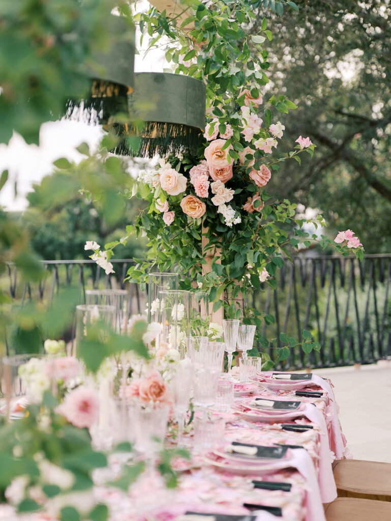 Romantic pink wedding tablescape with lush florals by Truth & Blooms at Villa Antonia, photographed by Kelsey Applebaum