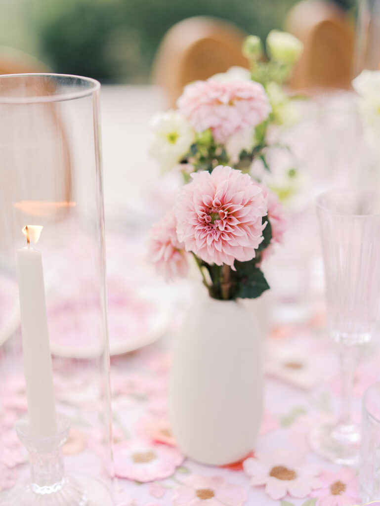 Romantic pink wedding tablescape with lush florals by Truth & Blooms at Villa Antonia, photographed by Kelsey Applebaum