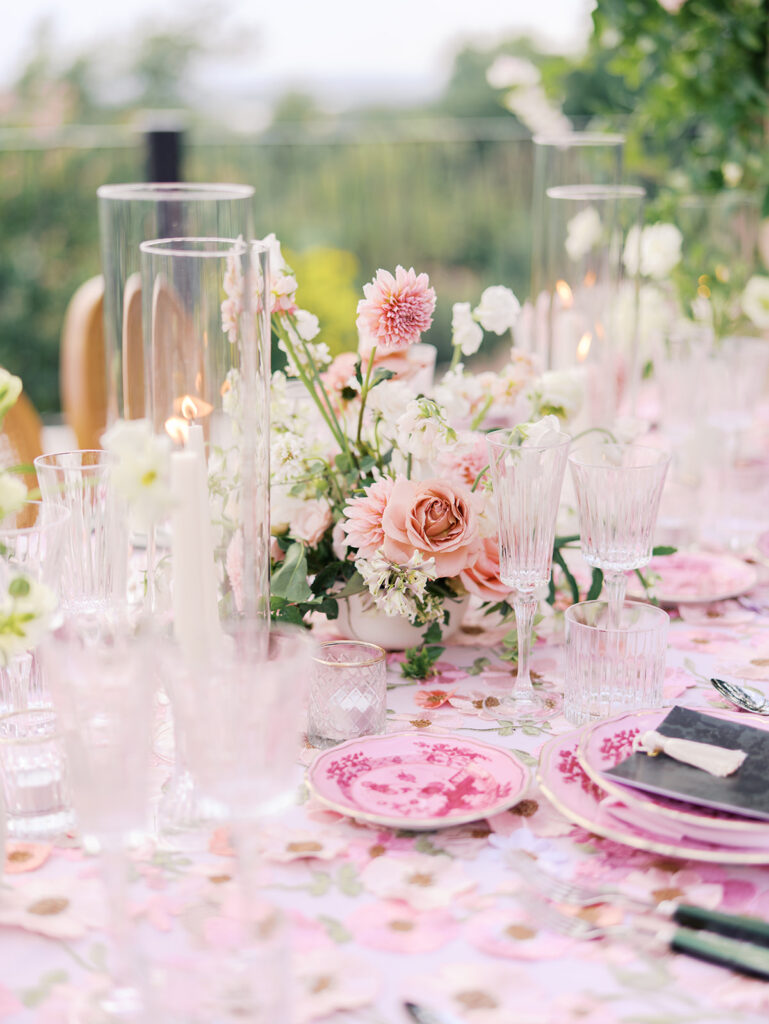 Romantic pink wedding tablescape with lush florals by Truth & Blooms at Villa Antonia, photographed by Kelsey Applebaum