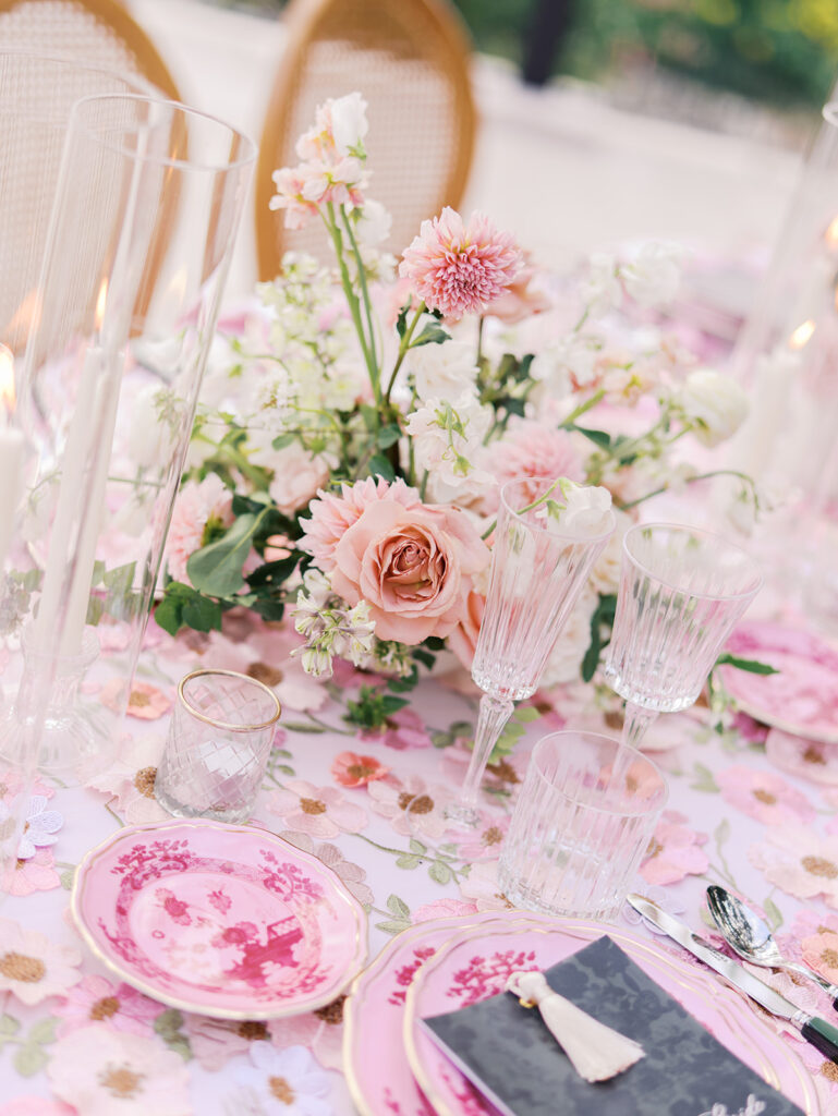 Romantic pink wedding tablescape with lush florals by Truth & Blooms at Villa Antonia, photographed by Kelsey Applebaum