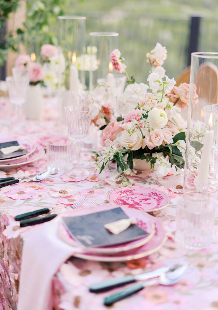 Romantic pink wedding tablescape with lush florals by Truth & Blooms at Villa Antonia, photographed by Kelsey Applebaum