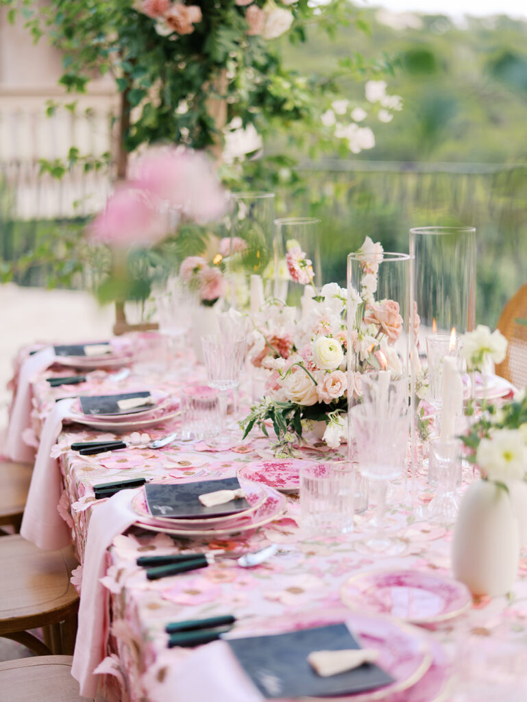 Romantic pink wedding tablescape with lush florals by Truth & Blooms at Villa Antonia, photographed by Kelsey Applebaum