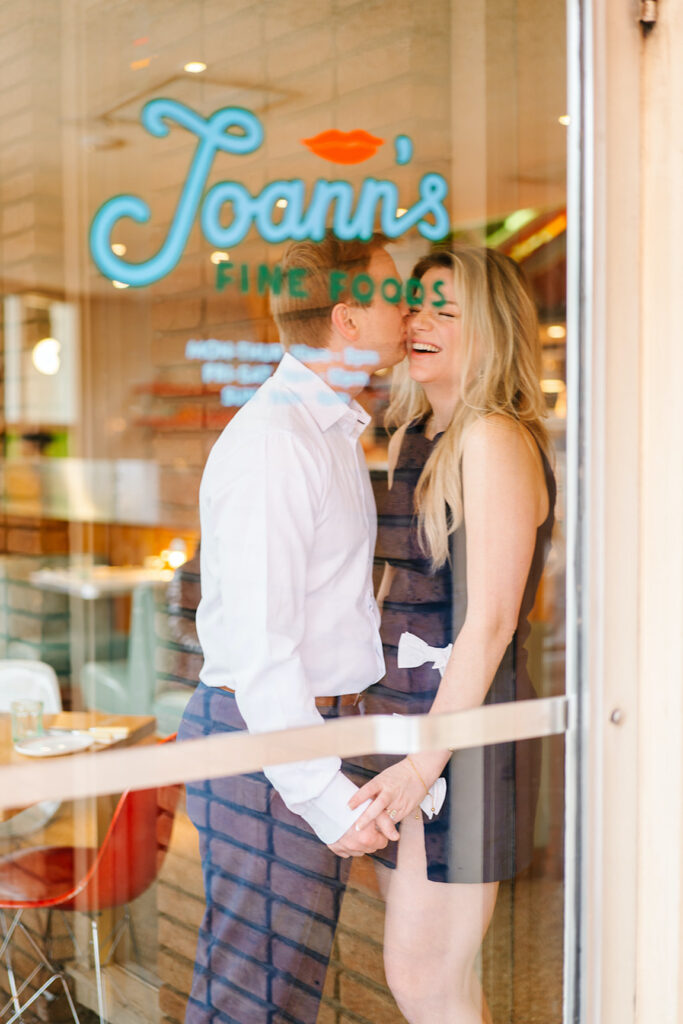 engagement session on the iconic south congress on film bride and groom walking