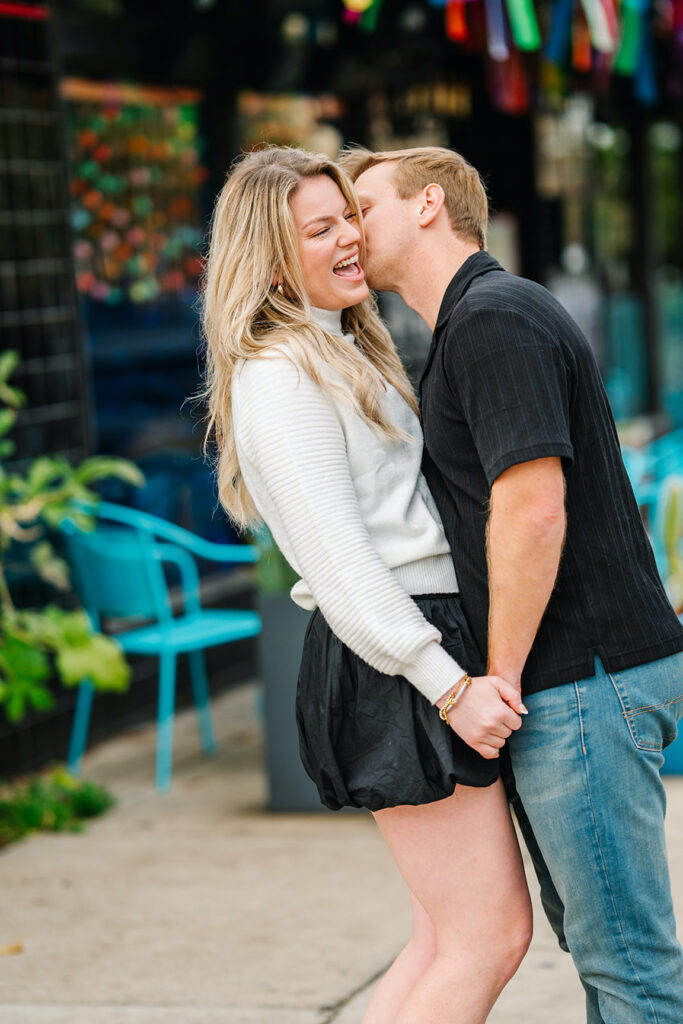engagement session on the iconic south congress on film bride and groom walking