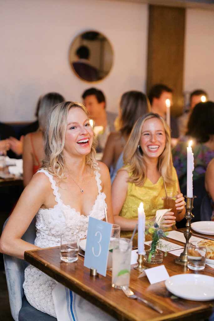 The couple surrounded by family and friends at their intimate rehearsal dinner at Intero Restaurant in Austin, TX, glowing on film