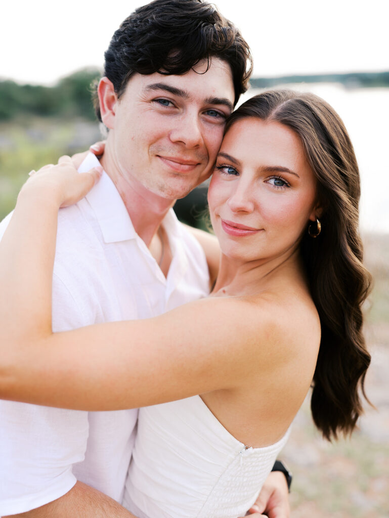 Playful and candid Lake Travis proposal photography of newly engaged couple enjoying the moment together.