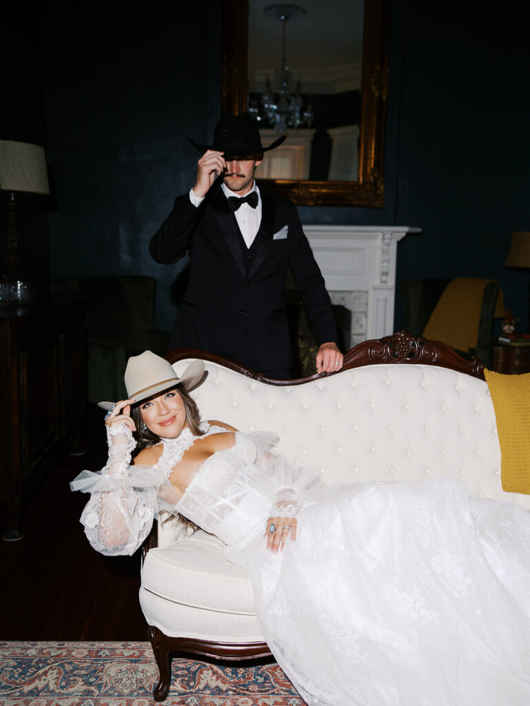Bride and groom at The Adelphia wedding editorial in Lampasas, TX, surrounded by romantic florals and southern charm