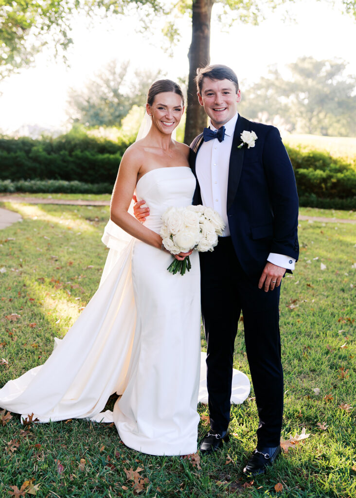 Bride and groom portraits in golden hour light during elegant Texas wedding photography
