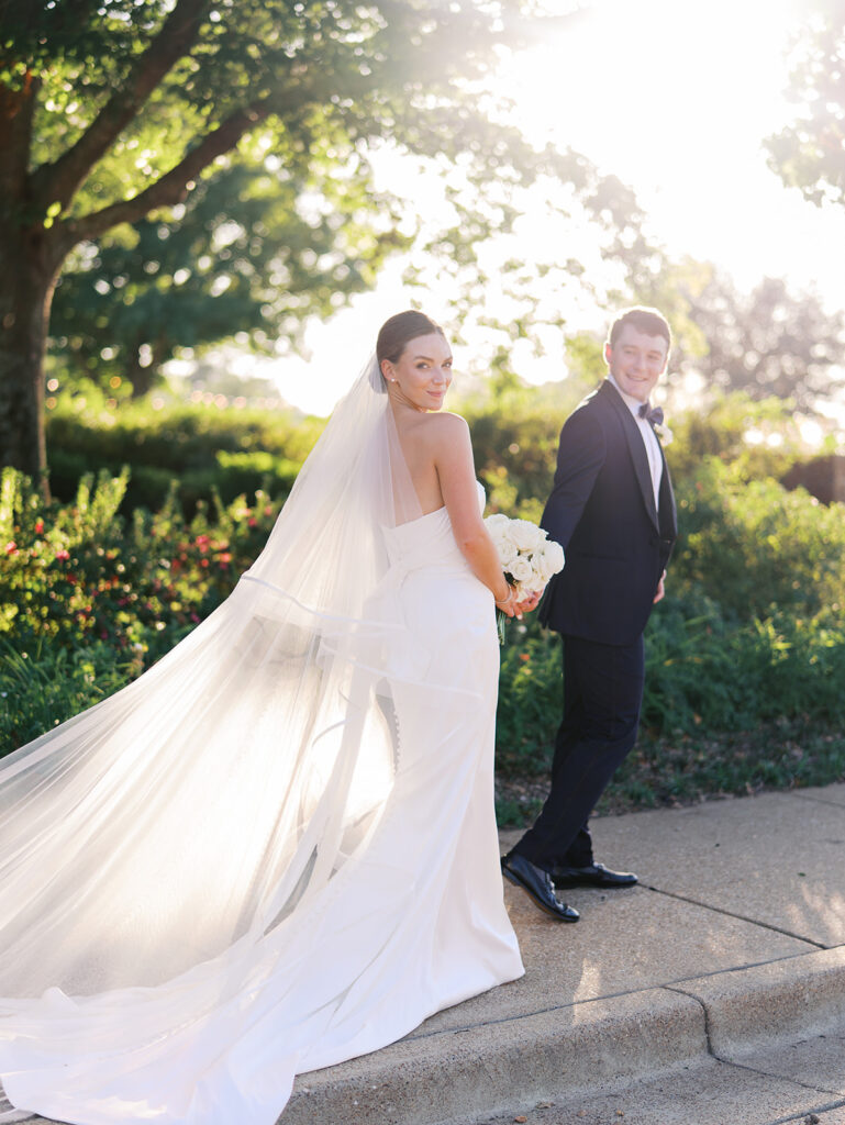 Bride and groom portraits in golden hour light during elegant Texas wedding photography