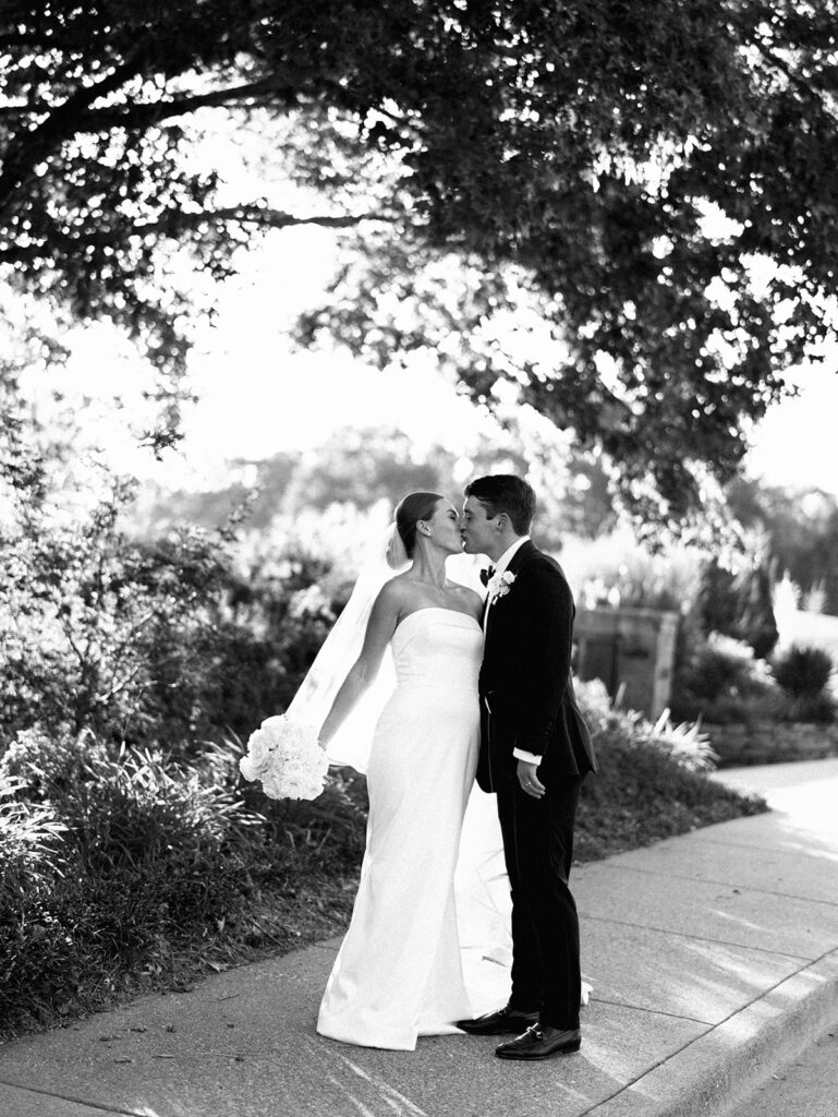 Bride and groom portraits in golden hour light during elegant Texas wedding photography