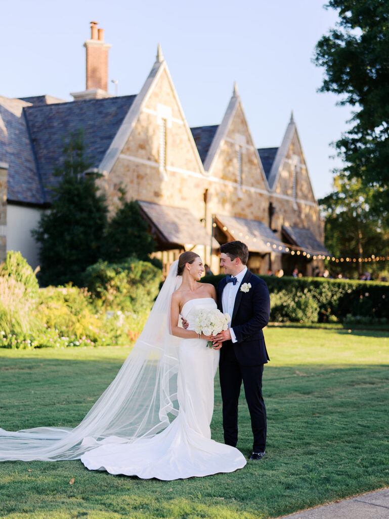 Bride and groom portraits in golden hour light during elegant Texas wedding photography
