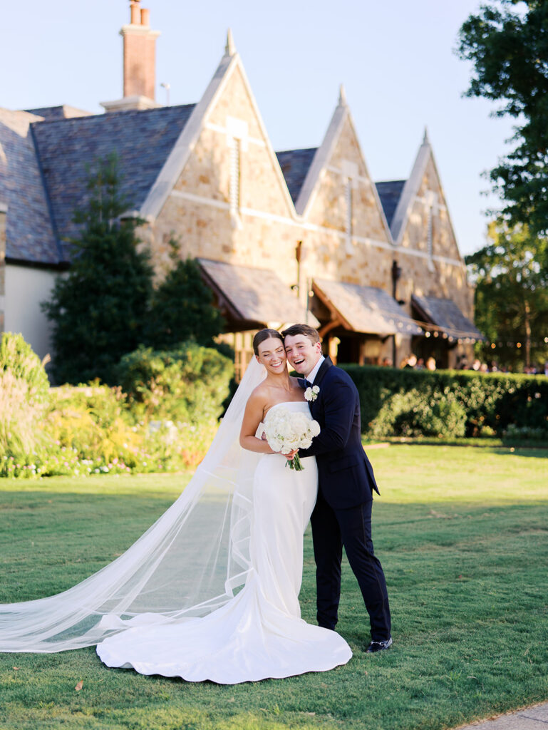 Bride and groom portraits in golden hour light during elegant Texas wedding photography