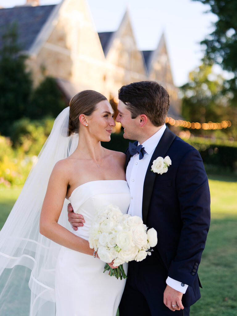Bride and groom portraits in golden hour light during elegant Texas wedding photography
