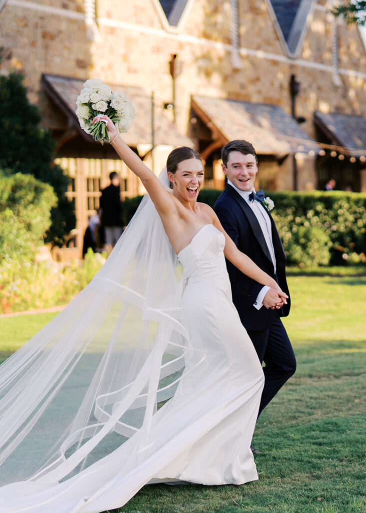 Bride and groom portraits in golden hour light during elegant Texas wedding photography