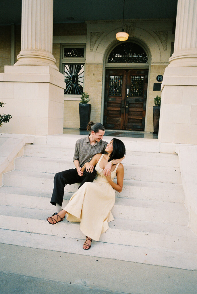Engagement photography with classic Austin architecture at Hotel Ella