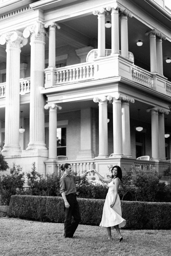 Engagement photography with classic Austin architecture at Hotel Ella