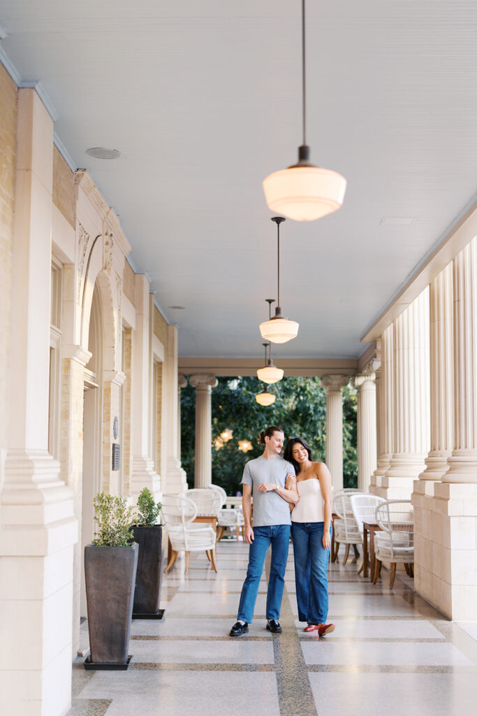 Joyful film-inspired engagement photos at Hotel Ella in downtown Austin