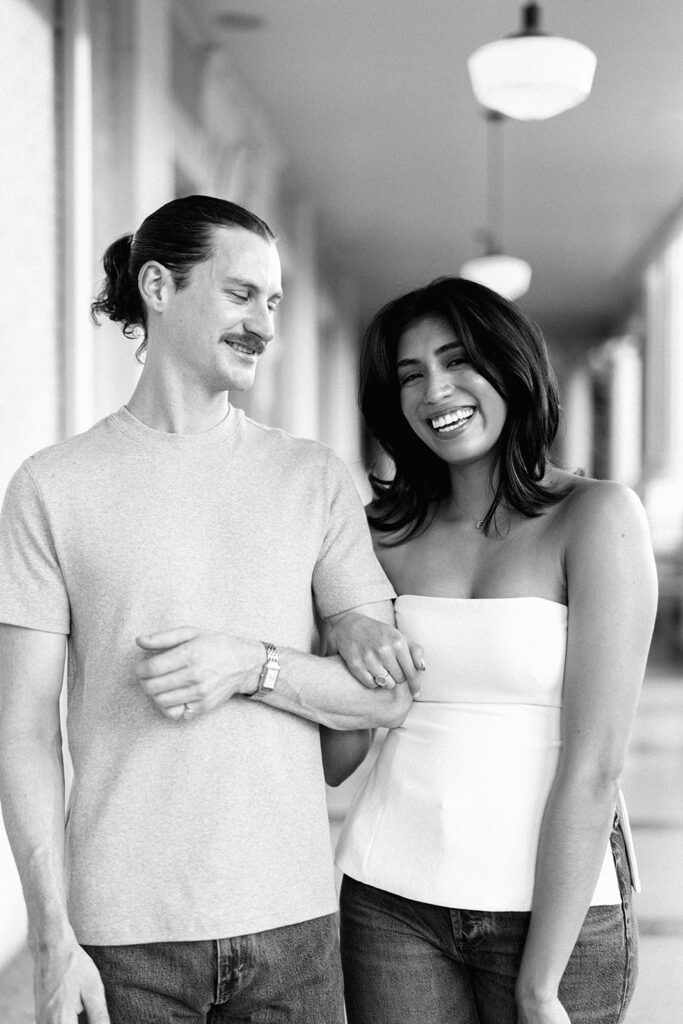 Joyful film-inspired engagement photos at Hotel Ella in downtown Austin