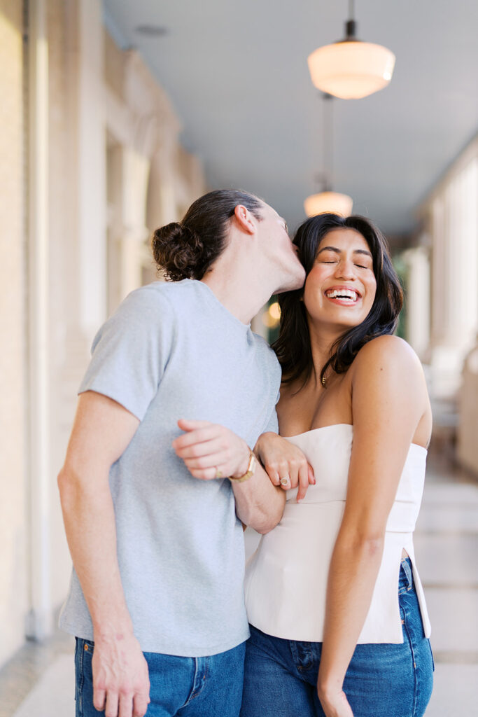 Joyful film-inspired engagement photos at Hotel Ella in downtown Austin