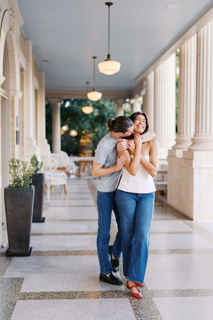 Joyful film-inspired engagement photos at Hotel Ella in downtown Austin