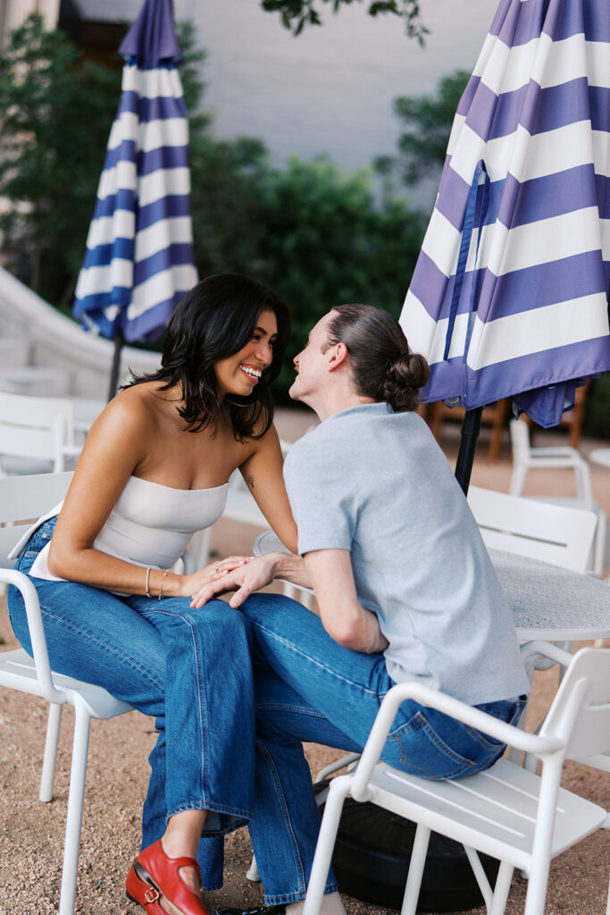 Joyful film-inspired engagement photos at Hotel Ella in downtown Austin