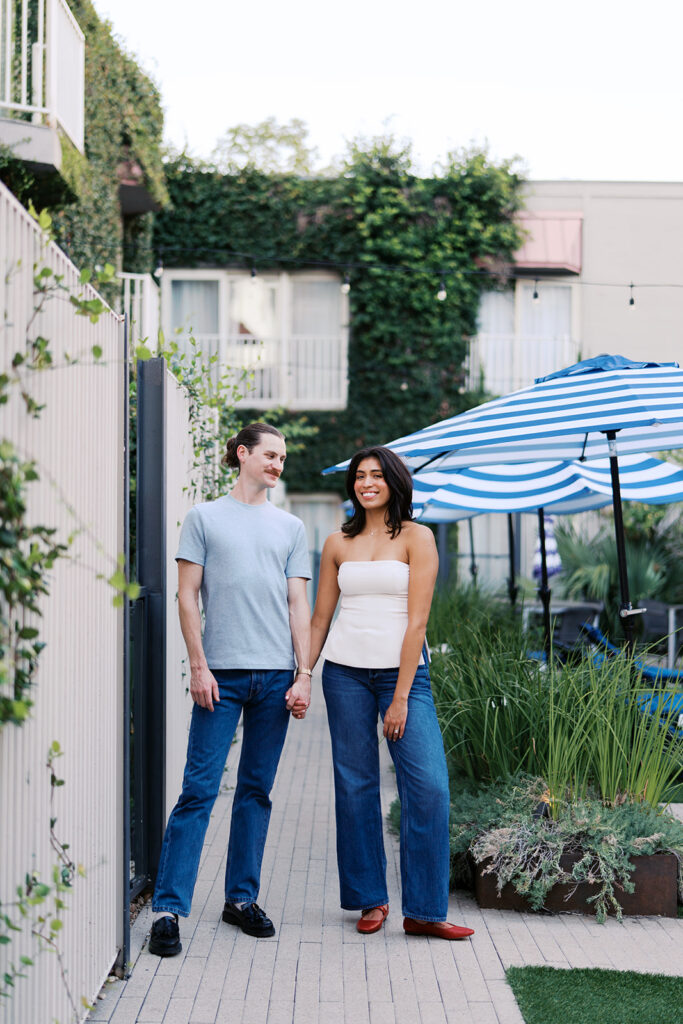 Candid engagement photos at Hotel Ella with joyful couple in Austin Texas