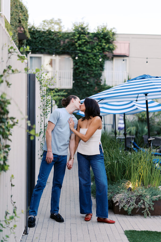 Candid engagement photos at Hotel Ella with joyful couple in Austin Texas