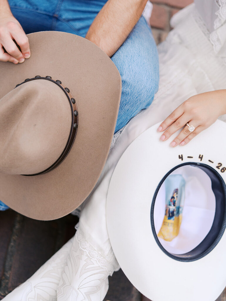 Romantic engagement portraits in golden hour light at Hotel Drover