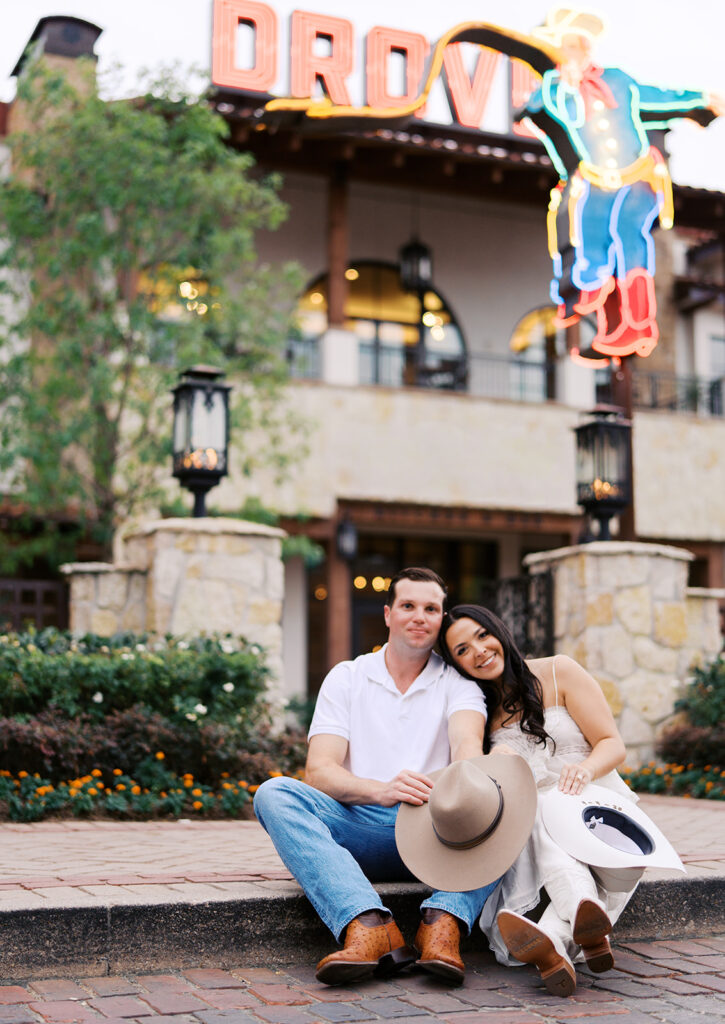 Romantic engagement portraits in golden hour light at Hotel Drover