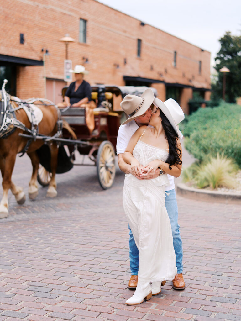 Romantic engagement portraits in golden hour light at Hotel Drover