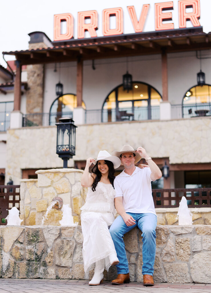 Romantic engagement portraits in golden hour light at Hotel Drover