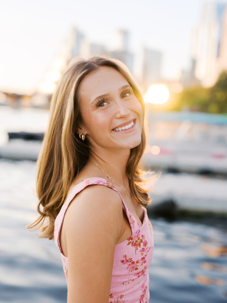 Austin Senior photos at golden hour on film at the four seasons austin