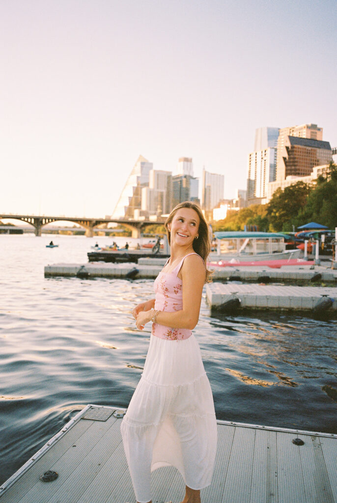 Austin Senior photos at golden hour on film at the four seasons austin