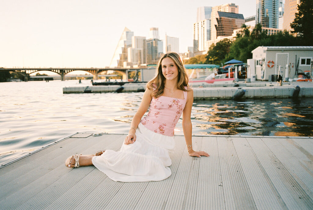 Austin Senior photos at golden hour on film at the four seasons austin