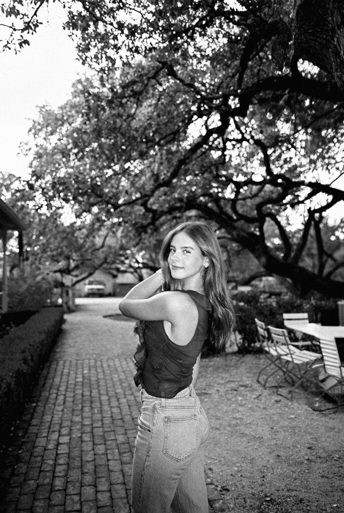 Editorial-inspired Austin senior photo at Mattie’s captured on 35mm film