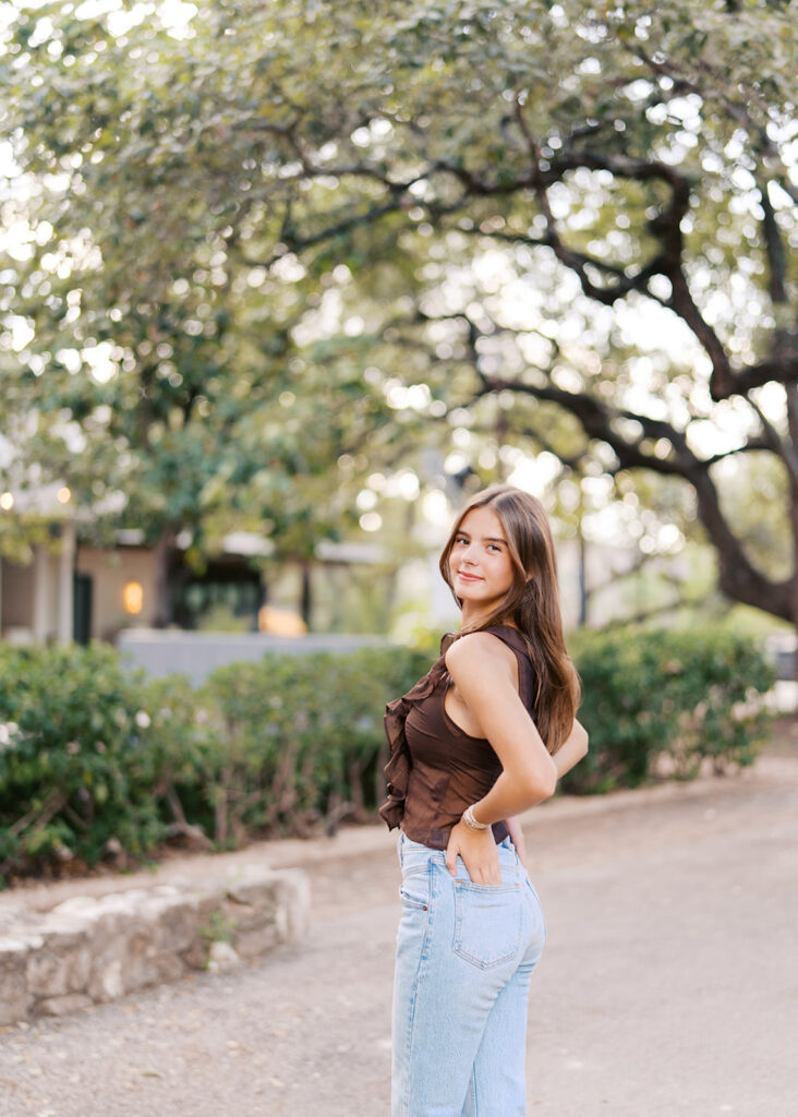 Editorial-inspired Austin senior photo at Mattie’s captured on 35mm film