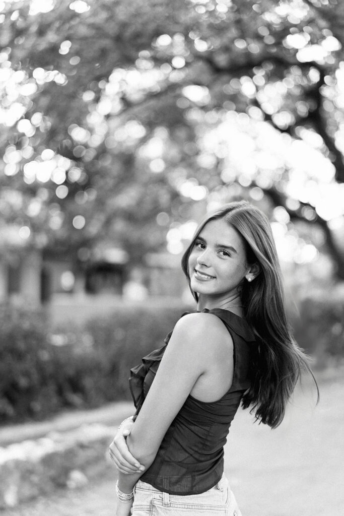 Editorial-inspired Austin senior photo at Mattie’s captured on 35mm film