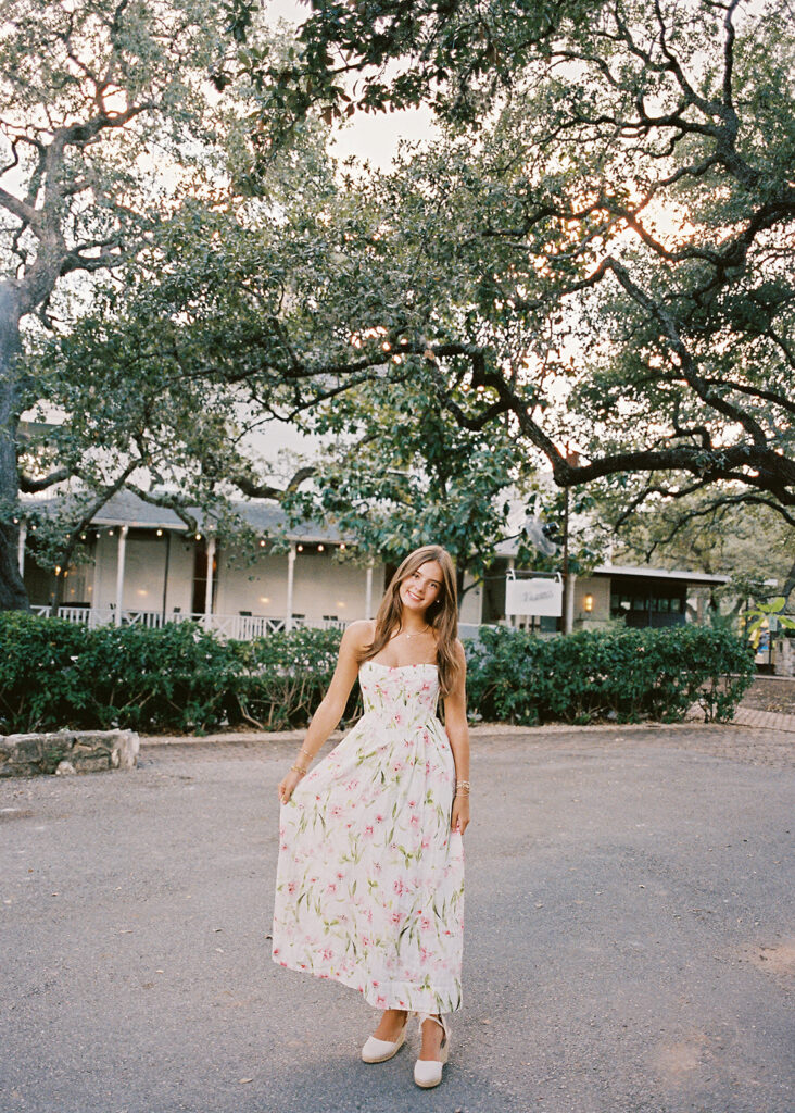 Editorial-inspired Austin senior photo at Mattie’s captured on 35mm film