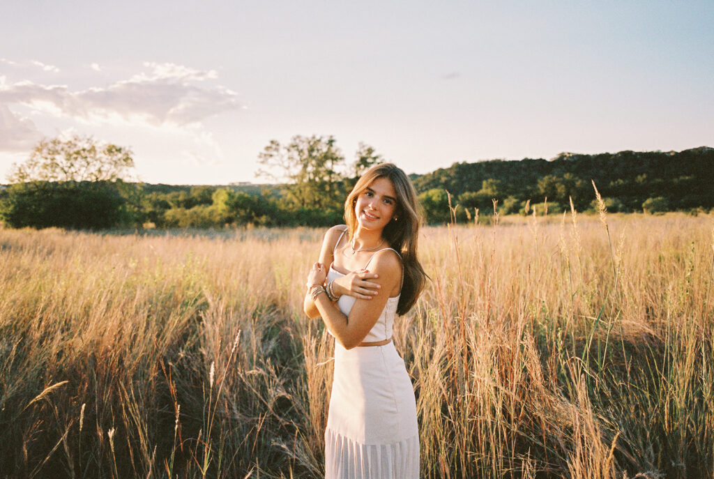 Sunset film portrait of Julep at Commons Ford during her senior photography session in Austin TX