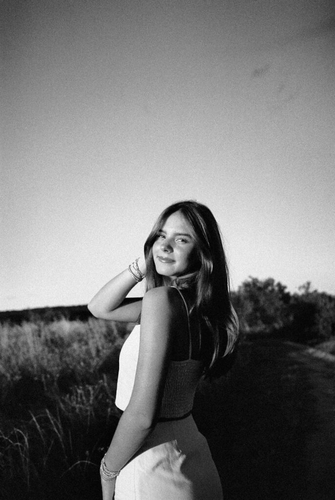 Sunset film portrait of Julep at Commons Ford during her senior photography session in Austin TX