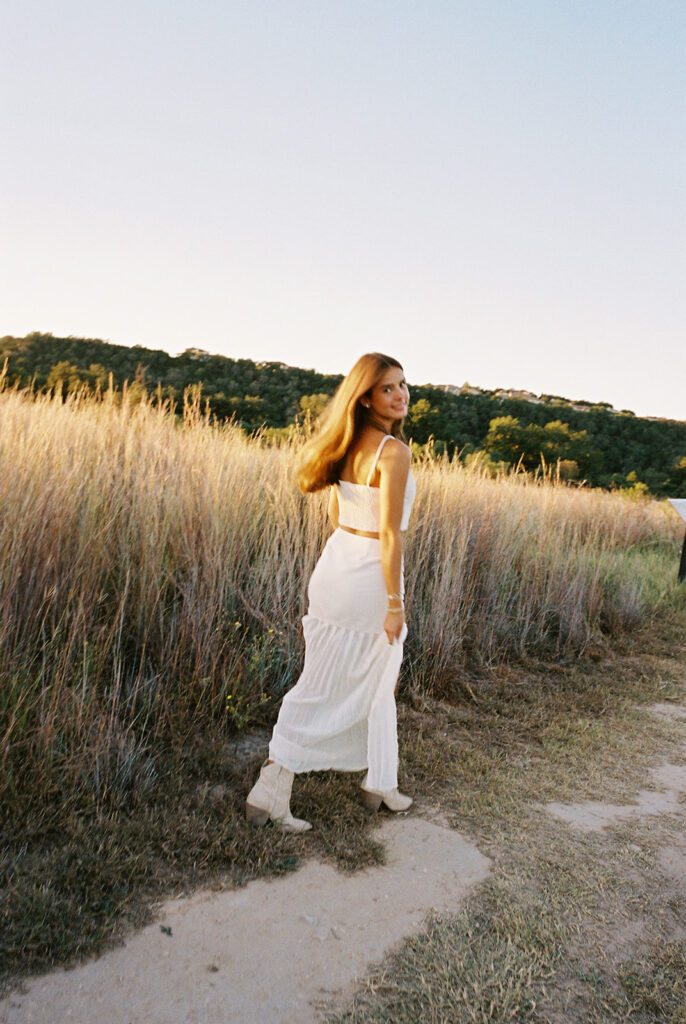 Sunset film portrait of Julep at Commons Ford during her senior photography session in Austin TX