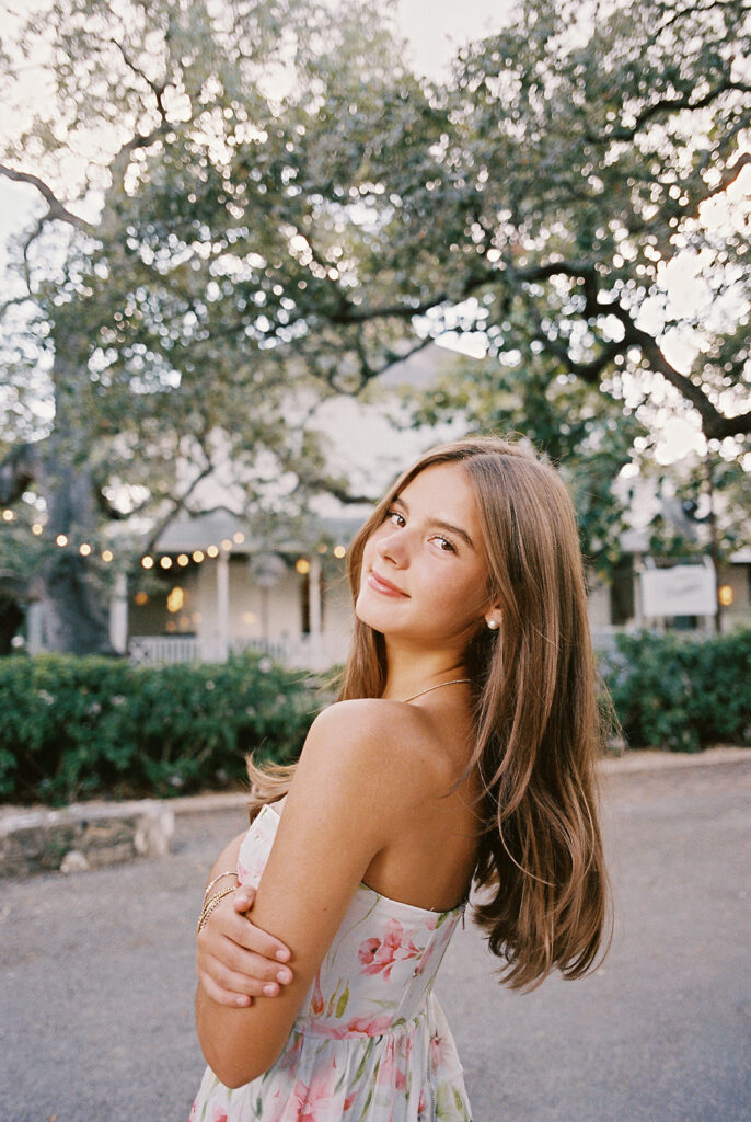 Editorial-inspired Austin senior photo at Mattie’s captured on 35mm film