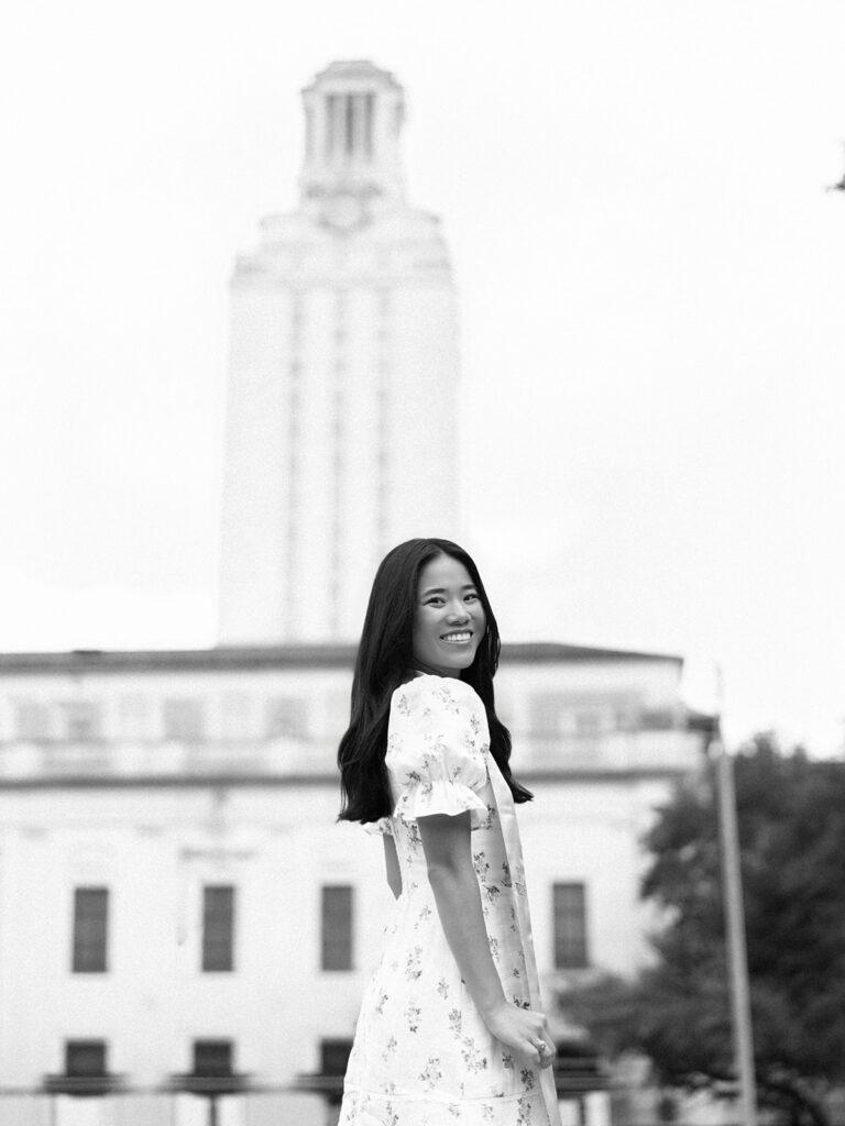 Grad portraits at the University of Texas campus near the Tower