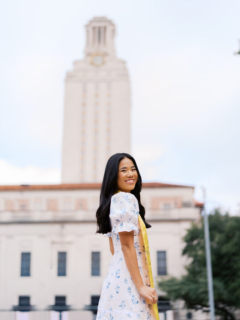 Grad portraits at the University of Texas campus near the Tower