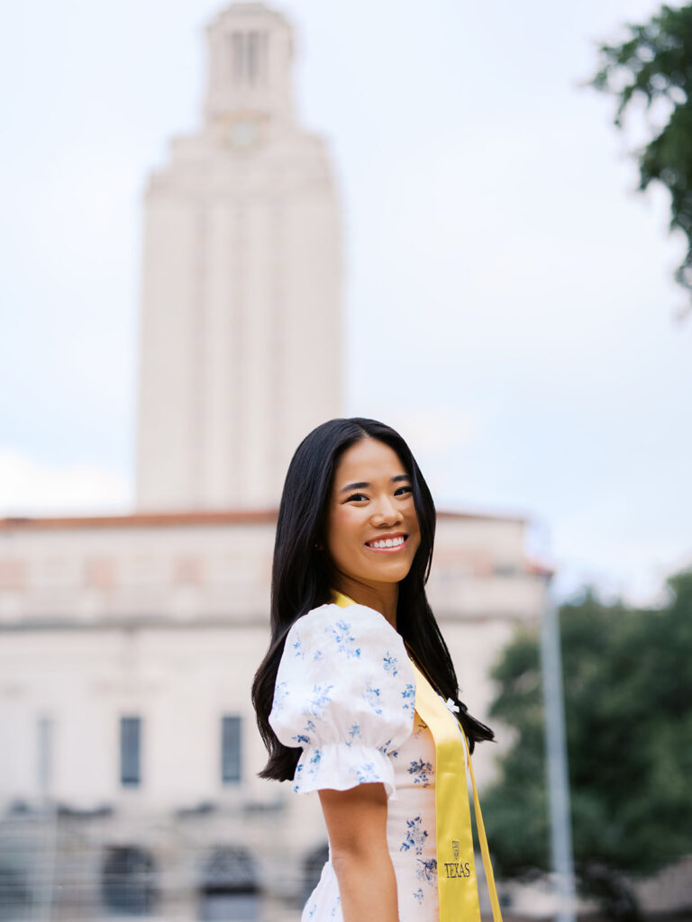 Grad portraits at the University of Texas campus near the Tower