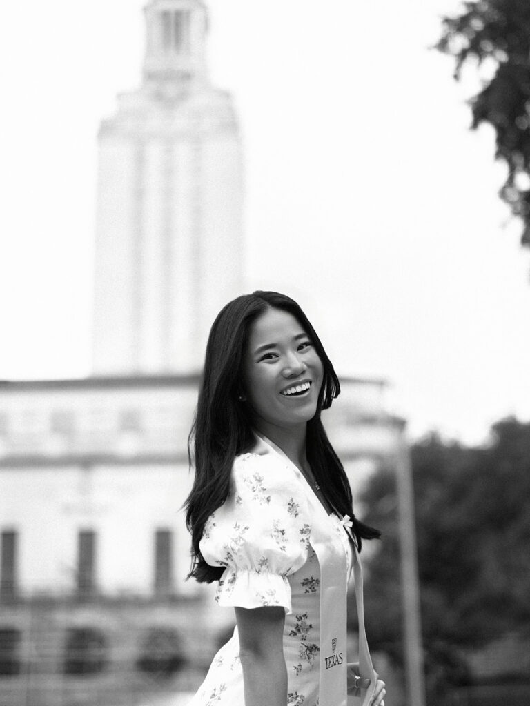 Grad portraits at the University of Texas campus near the Tower